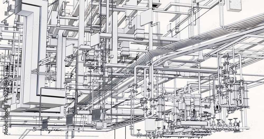 Conceptual visualization of the BIM model utilities of the building at blueprint style