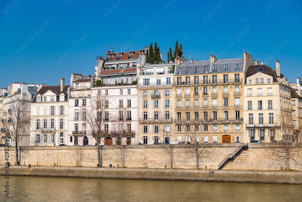 Paris, panorama of the ile Saint-Louis, view of the roofs and typical buildings 