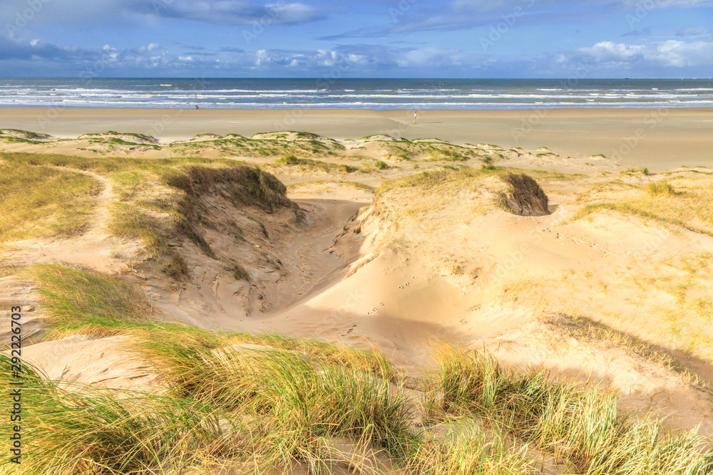 Dune valleys with deep wind holes carved out by heavy storm with swaying marram grasses with scattered clouds against blue sky Dune valleys with deep wind holes carved out by heavy storm with swaying marram grasses with scattered clouds against blue sky