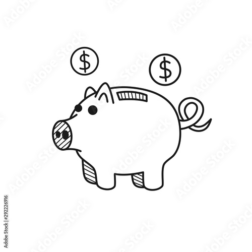 Hand drawn piggy bank isolated on a white. Vector illustration.