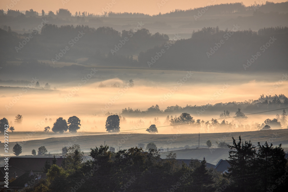 traditional fall landscape, Central europe. Foggy and misty sunrise landscape, Czech Republic