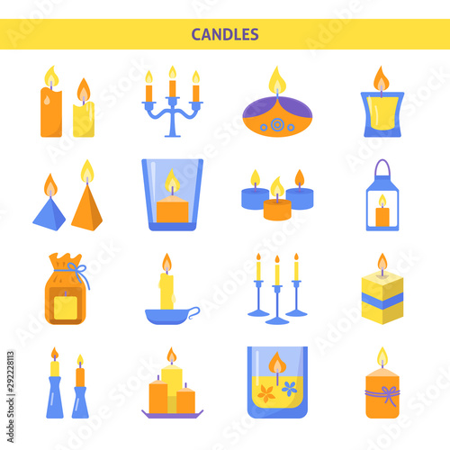 Bright candle icons set in flat style