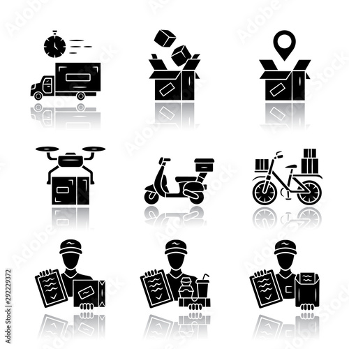 Delivery drop shadow black glyph icons set. Parcel packing and order tracking. Courier, messenger service. Scooter, bicycle delivery. Logistics and distribution. Shipment Isolated vector illustrations