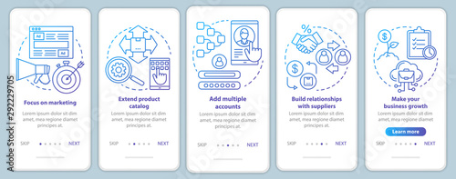 Dropshipping blue onboarding mobile app page screen with linear concepts. Extend product catalog, focus on marketing walkthrough steps graphic instructions. UX, UI, GUI vector template with icons