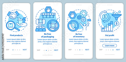 Dropshipping blue onboarding mobile app page screen with linear concepts. Find product, be free of packaging walkthrough steps graphic instructions. UX, UI, GUI vector template with illustrations
