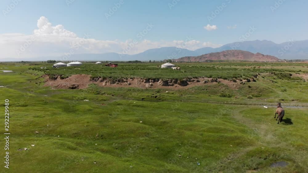 Aerial view of Mongolian steppe countryside with stream, horses and yurts Aerial view of Mongolian steppe countryside with stream, horses and yurts