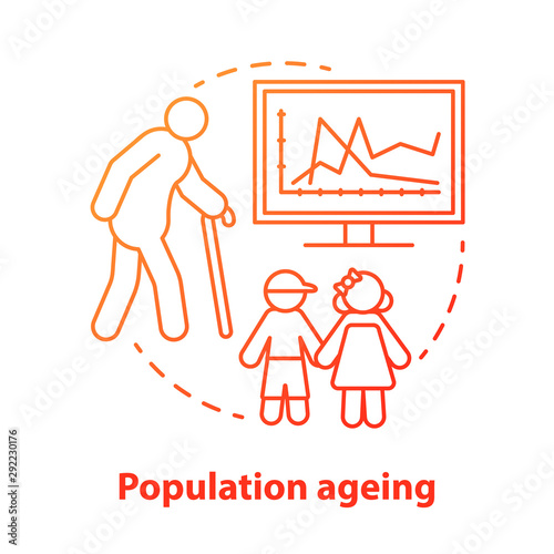 Population ageing concept icon. Elderly people number increasing on planet idea thin line illustration in red. Demographic problems with lack of youth. Vector isolated outline drawing