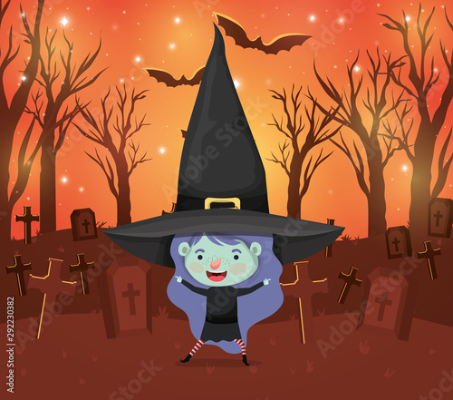 halloween season scene with girl costume witch