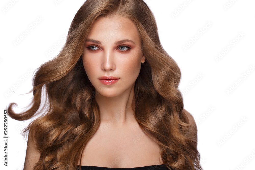 Beautiful fresh girl with perfect skin, curls hair and classic make up. Beauty face. Beautiful fresh girl with perfect skin, curls hair and classic make up. Beauty face.