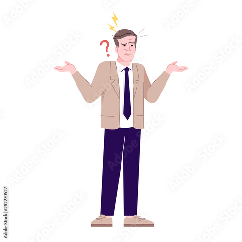 Annoyed man flat vector illustration. Negative human emotions facial expression. Confused, frustrated guy. Angry and puzzled worker isolated cartoon character with outline elements on white background