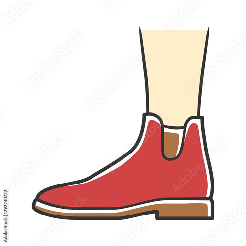 Women ankle boots red color icon. Chelsea trendy shoes side view. Female flat heel footwear design for fall and spring season. Apparel, ladies clothing accessory. Isolated vector illustration