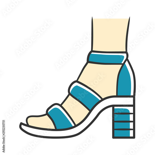 Block high heels blue color icon. Woman stylish footwear design. Female casual shoes, summer sandals with ankle strap side view. Fashionable clothing accessory. Isolated vector illustration