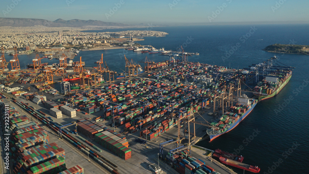 Fototapeta premium Aerial photo of industrial cargo container terminal in Perama and Drapetsona commercial port near Piraeus, Attica, Greece