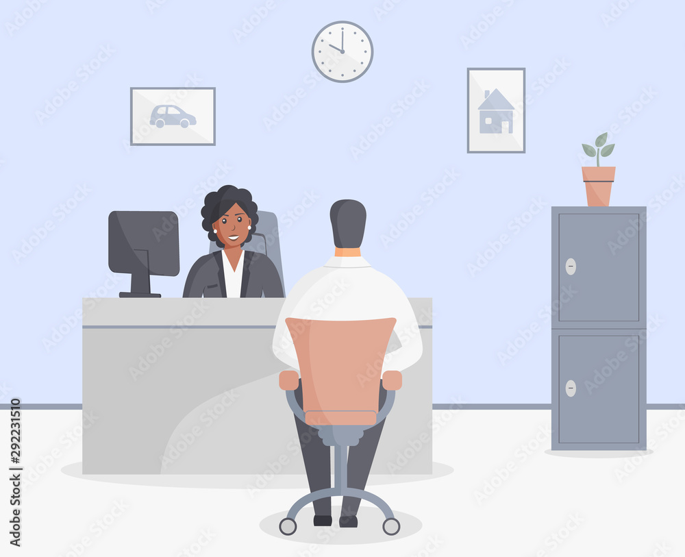 Bank office or insurance company: bank employee black woman sitting behind tables and serving bank customer. Elegant interior with wall clock and paintings with house and car.Safe.Vector illustration