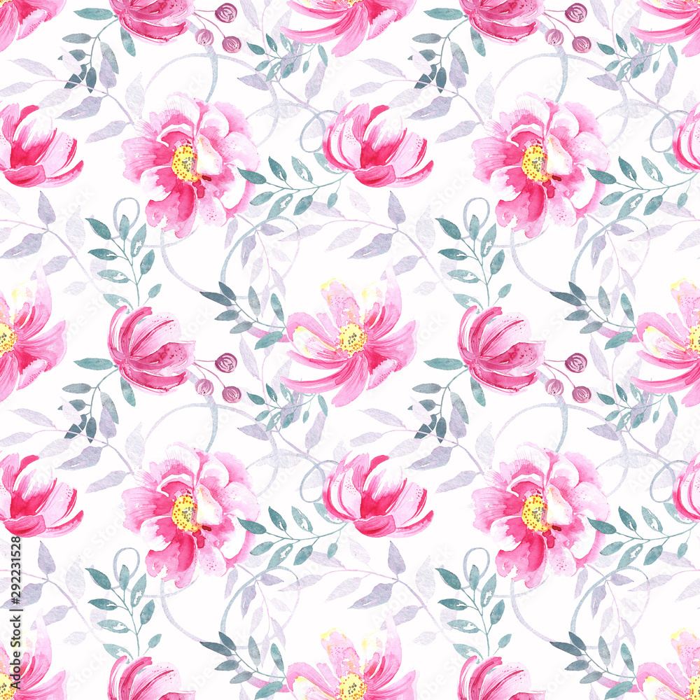 Seamless pattern with wild summerpink roses , peony, elegant  pastel floral elements on a white background. .Hand painted in watercolor.