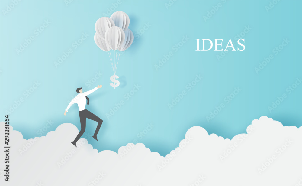 Business man Jump to hold money balloons on clouds sky landscape.Creative paper cut and craft style.People finance success concept.Graphic minimal simple idea space for your text.vector illustration Business man Jump to hold money balloons on clouds sky landscape.Creative paper cut and craft style.People finance success concept.Graphic minimal simple idea space for your text.vector illustration