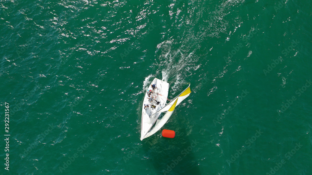 Obraz premium Aerial photo of sail boats practising for regatta near port of Mikrolimano, Piraeus, Attica, Greece