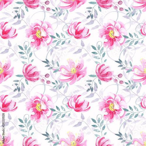 Wallpaper Mural Seamless pattern with wild summerpink roses , peony, elegant  pastel floral elements on a white background. .Hand painted in watercolor. Torontodigital.ca