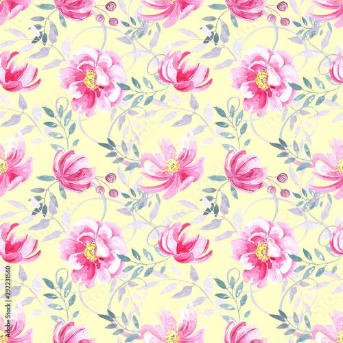 Seamless pattern with wild pink roses , elegant pastel floral elements on a yellow background. .Hand painted in watercolor.