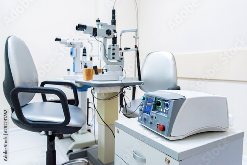 Close up modern ophthalmological laser used for eye surgery on table