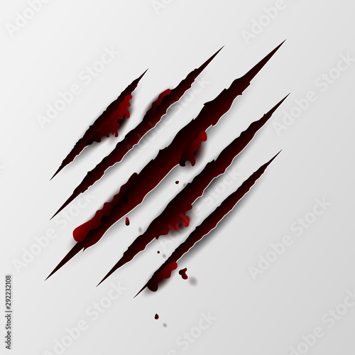 illustration of Claws scratches isolated with red blood on white background. Creative paper craft and cut.Scary laceration danger paper surface Claws scratching animal cat, tiger, lion, bear vector