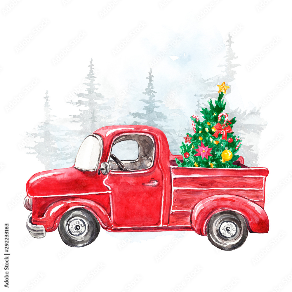 Watercolor winter illustration with hand painted Christmas red car and ...