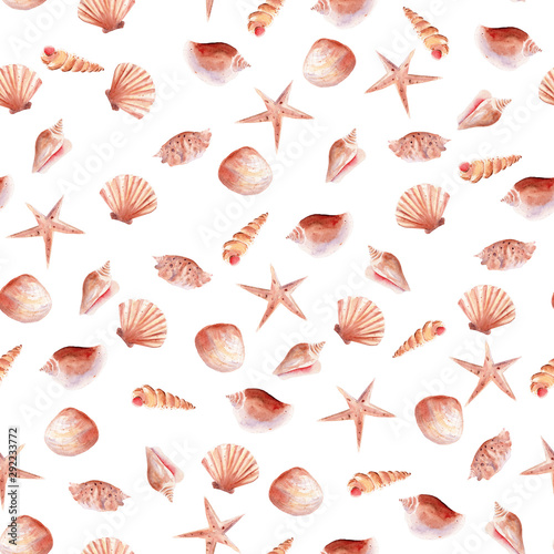 Underwater aquarium, seashell and starfish seamless watercolor raster pattern