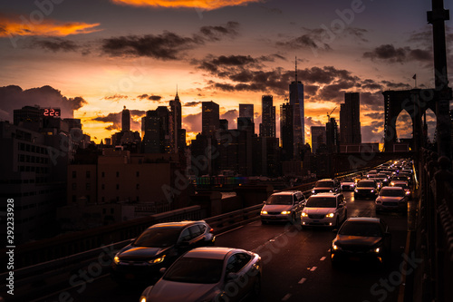 Beautiful sunset and a little traffic jam. Brooklyn Bridge  NY.