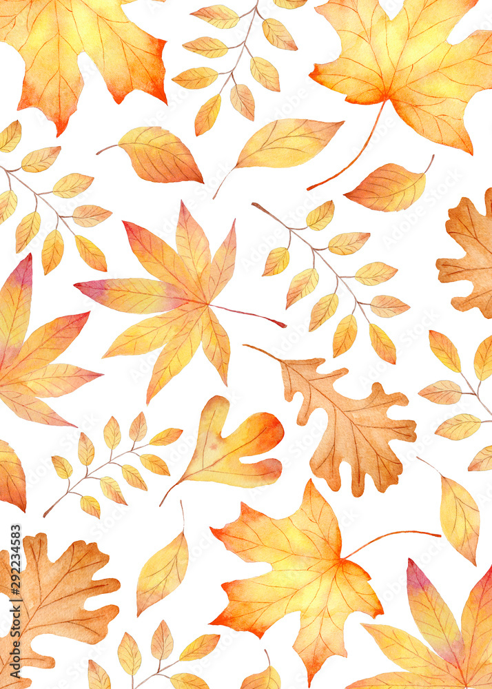 Forest flora, autumn leafage seamless watercolor raster pattern