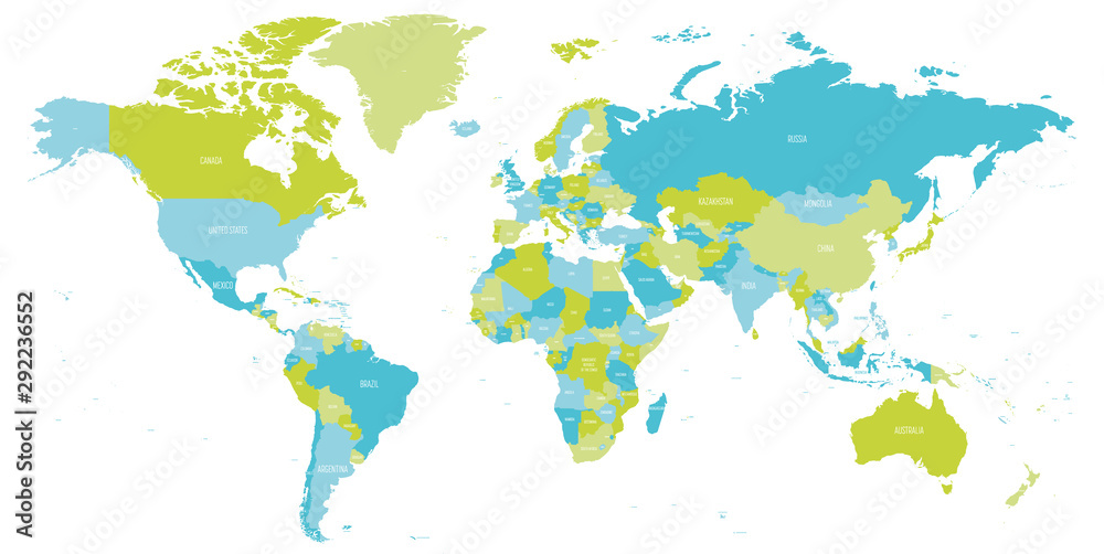 Obraz Mapa świata w odcieniach zieleni i niebieskiego. Szczegółowa mapa polityczna z nazwami krajów. Ilustracji wektorowych