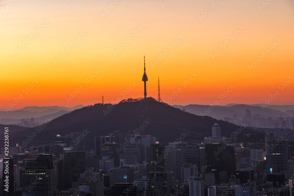 Seoul City Sunrise Skyline  Silhouette  with Seoul tower.