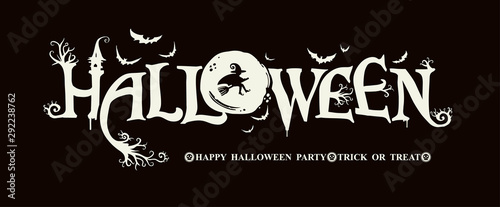 Halloween horizontal banner with vector logo on a black background. HAPPY HALLOWEEN, Trick or Treat. The inscription with ominous tree branches, bats and a pretty witch on a background of the full moo