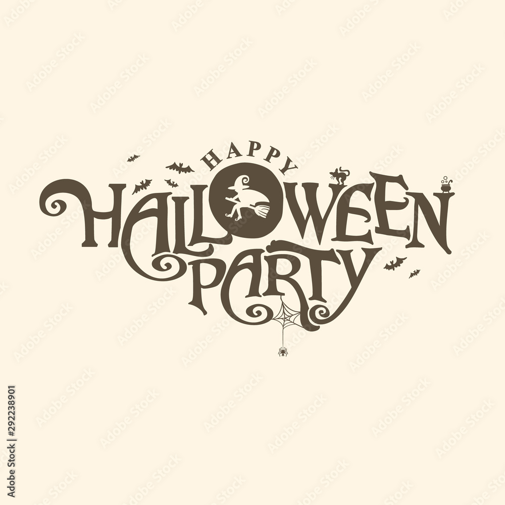 Naklejka premium Happy Halloween Party vector logo with and a pretty Witch flies on a broomstick. Halloween lettering composition for banner, poster, greeting card, party invitation.