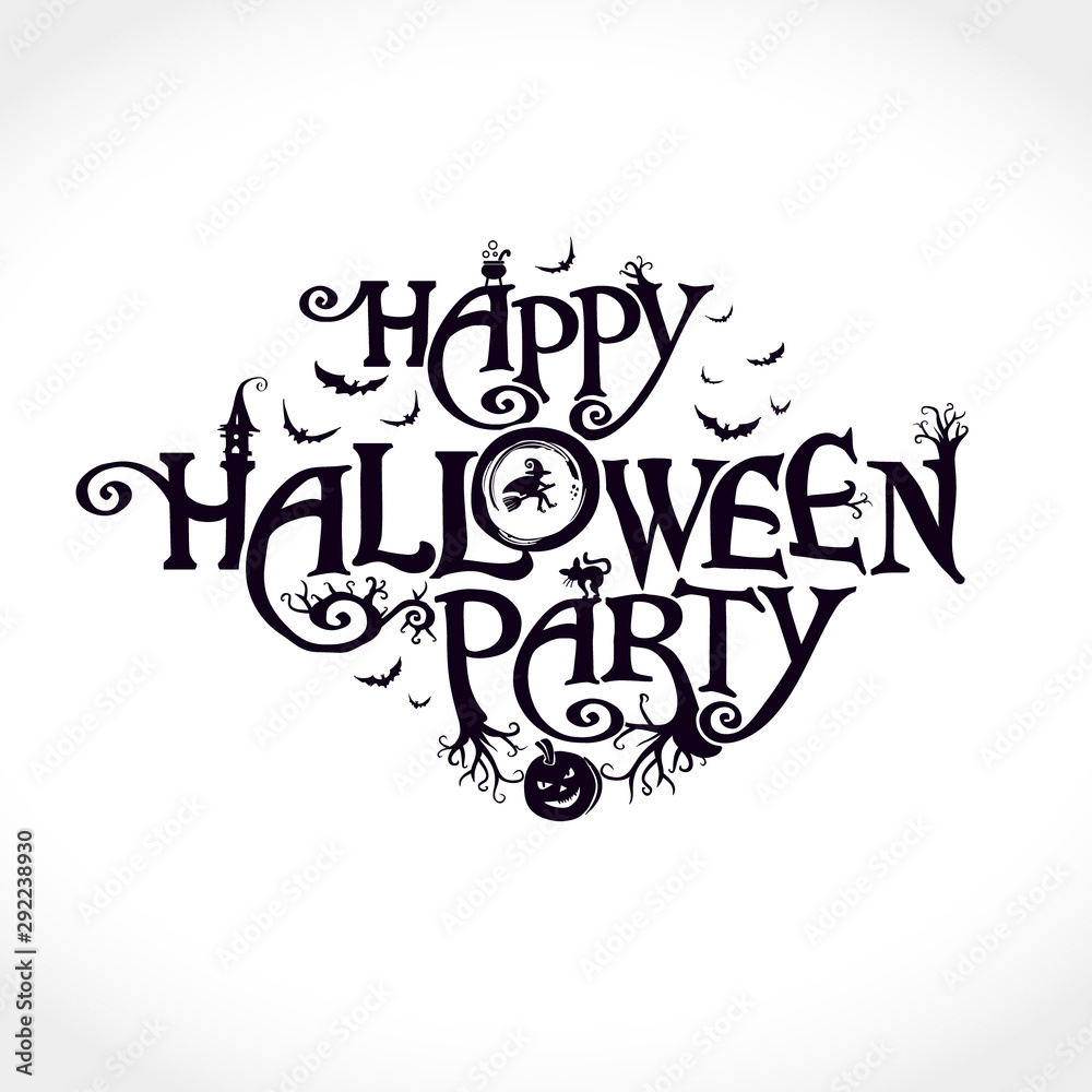 custom made wallpaper toronto digitalHappy Halloween Party cute scary logo with a witch, ominous trees, a black cat and other Halloween characters. Halloween vector lettering composition for banner, poster, greeting card, party invitatio