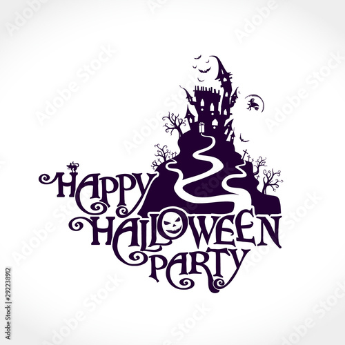 Happy Halloween Party vector logo with a ghost house. Happy Halloween Party invitation