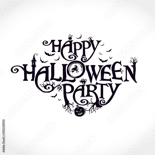 Wallpaper Mural Happy Halloween Party cute scary logo with a witch, ominous trees, a black cat and other Halloween characters. Halloween vector lettering composition for banner, poster, greeting card, party invitatio Torontodigital.ca