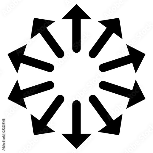 Radial, radiating arrows for expand, extend, explosion themes. Diverge, alignment concept circular pointers illustration. Spoke-like bulge, extrusion cursor design