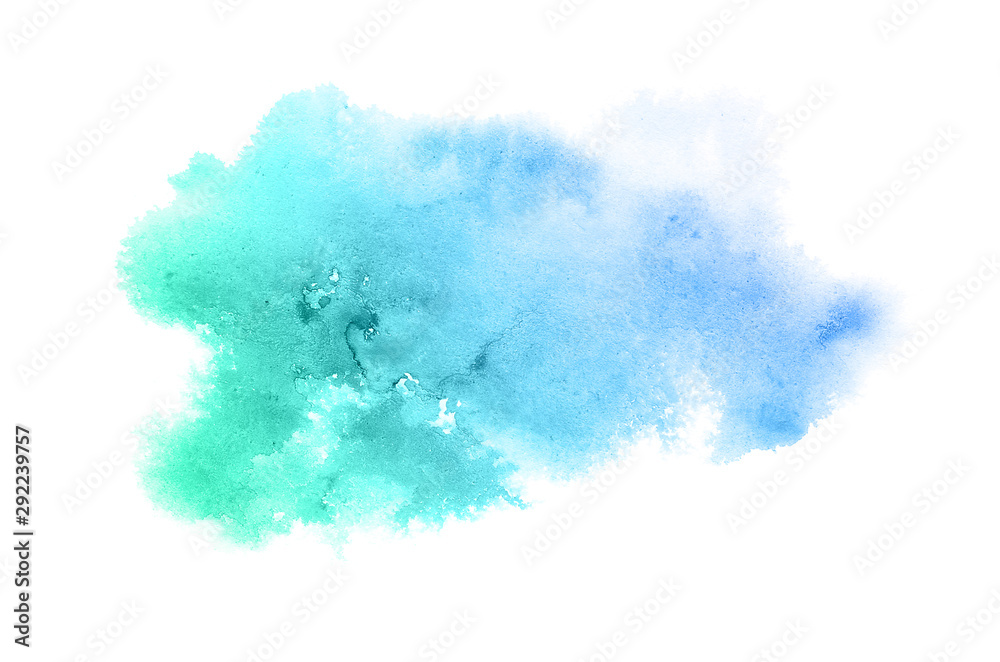 Fototapeta premium Abstract watercolor background image with a liquid splatter of aquarelle paint, isolated on white.Blue and turquoise pastel tones