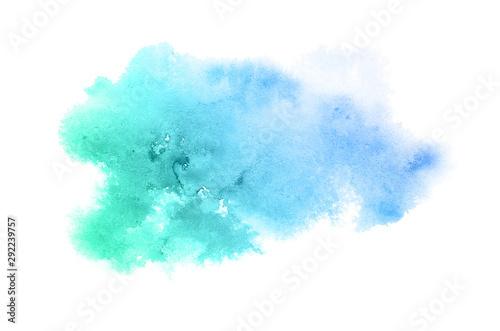 Abstract watercolor background image with a liquid splatter of aquarelle paint, isolated on white.Blue and turquoise pastel tones