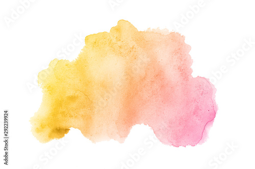 Abstract watercolor background image with a liquid splatter of aquarelle paint, isolated on white. Pink and yellow tones