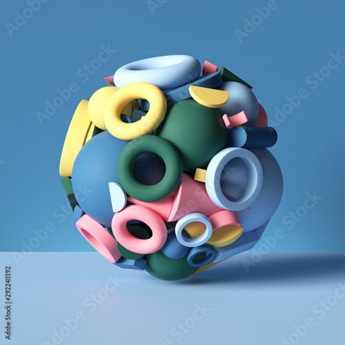 3d ball combined of mixed colorful geometric shapes isolated on blue, abstract background, stack of toys, assorted primitives photo