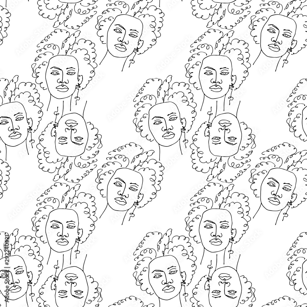 Modern seamless pattern with linear abstract woman with curly hair. Continuous line art. One line drawing. Minimalist graphic.
