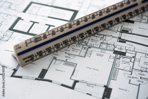 Detail view of architectural and structural construction drawings with designer tools. Landscape format.
