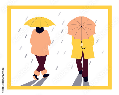 Vector illustration of women in autumn warm clothes with umbrellas.