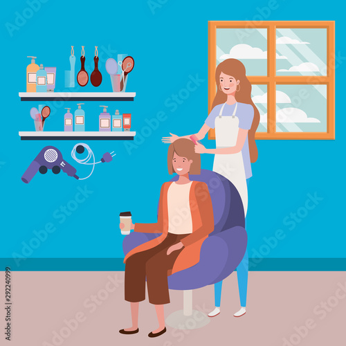 stylist fixing hair to client in the salon characters