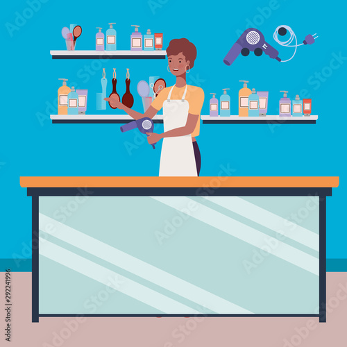 afro woman stylist working in salon workplace scene