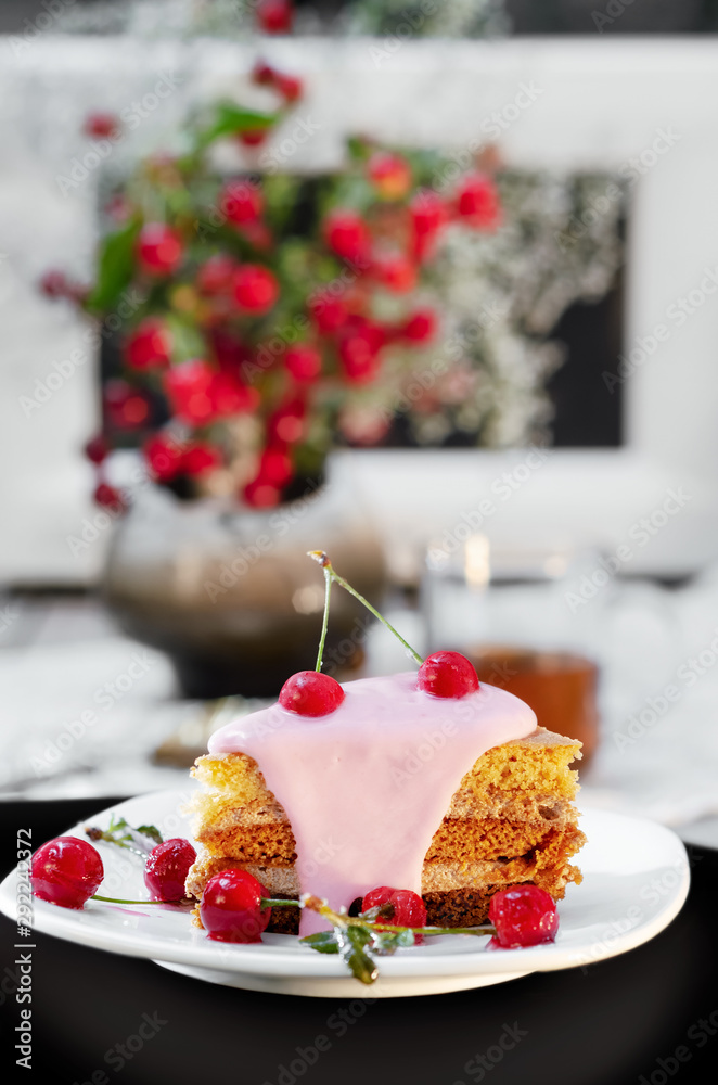 Cake with yogurt and cherries. Selective focus