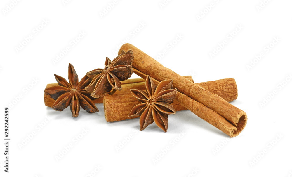 Cinnamon sticks and anise star isolated on white background close up. Spice Cinnamon sticks and anise star.