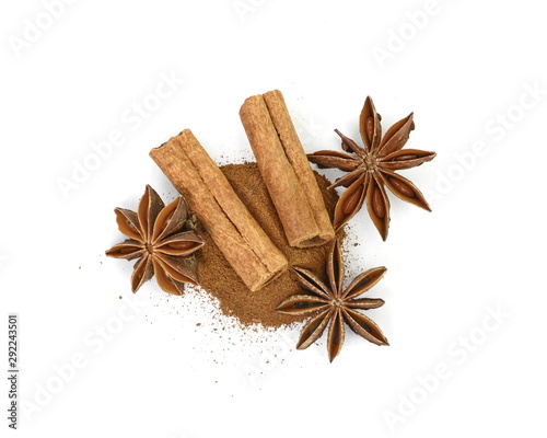 Cinnamon sticks and anise star isolated on white background close up. Spice Cinnamon sticks and anise star.