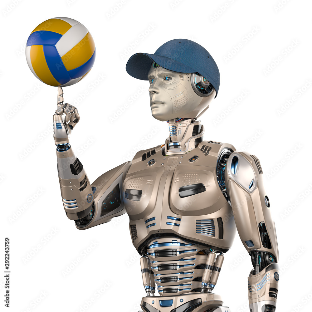 Young futuristic robot in a cap or android volleyball player holding and  rotating ball on forefinger. Upper body isolated on white background. 3d  illustration Stock Illustration | Adobe Stock
